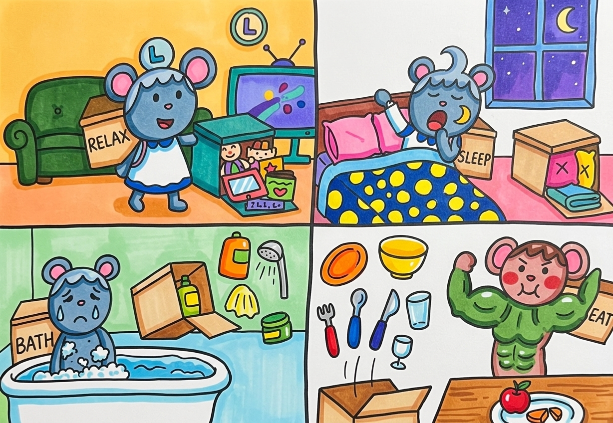A child's 4-panel mouse comic — relax, sleep, bath, eat — rendered by KidsAI in marker style