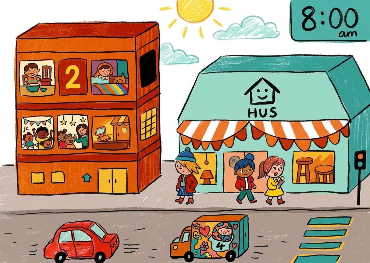A child's drawing of an 8am street scene — apartment building, kids walking, cars, delivery truck — rendered by KidsAI in playful illustration style