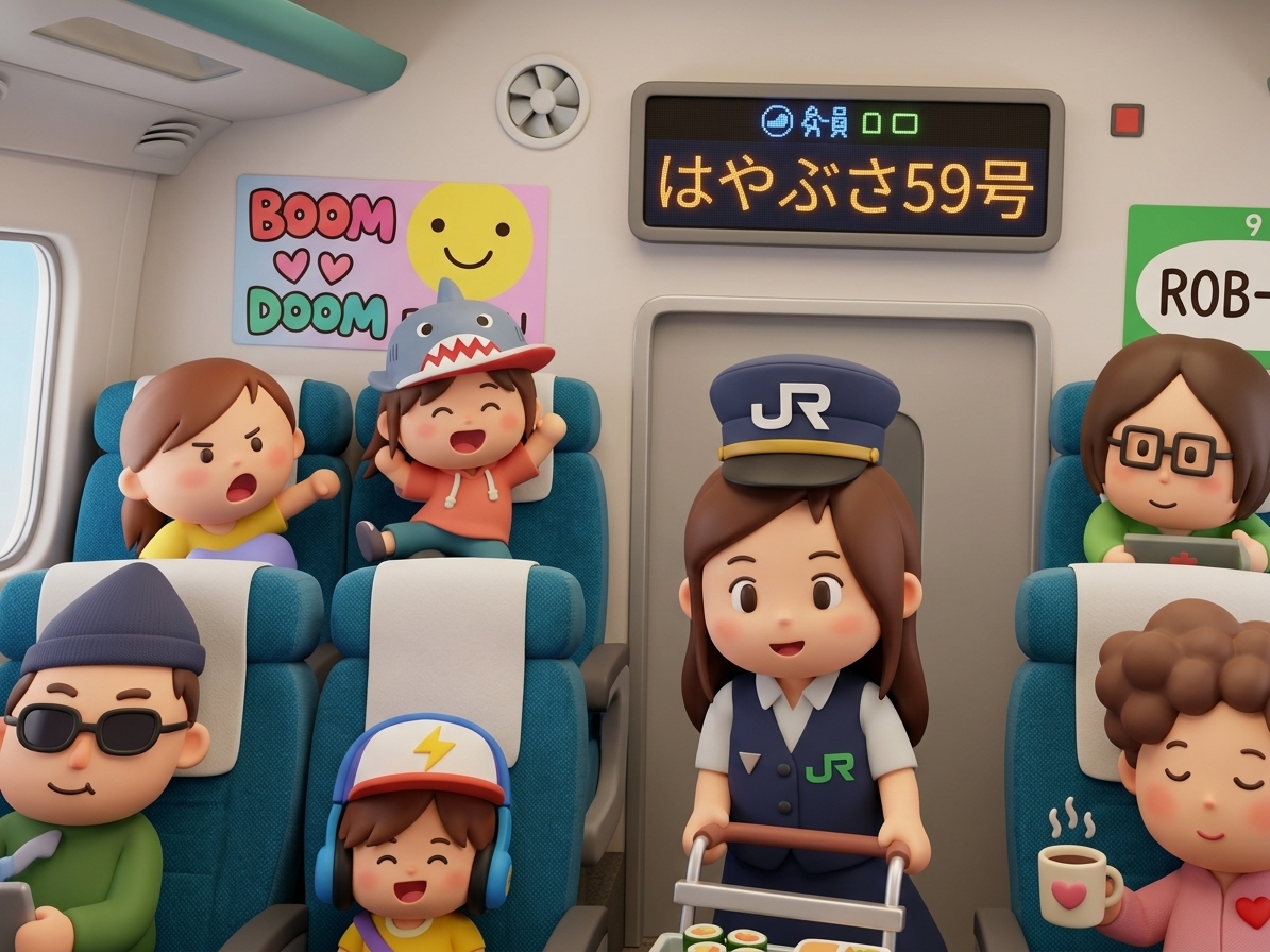 A child's drawing of a Shinkansen bullet train interior with conductor and passengers, rendered by KidsAI in 3D style
